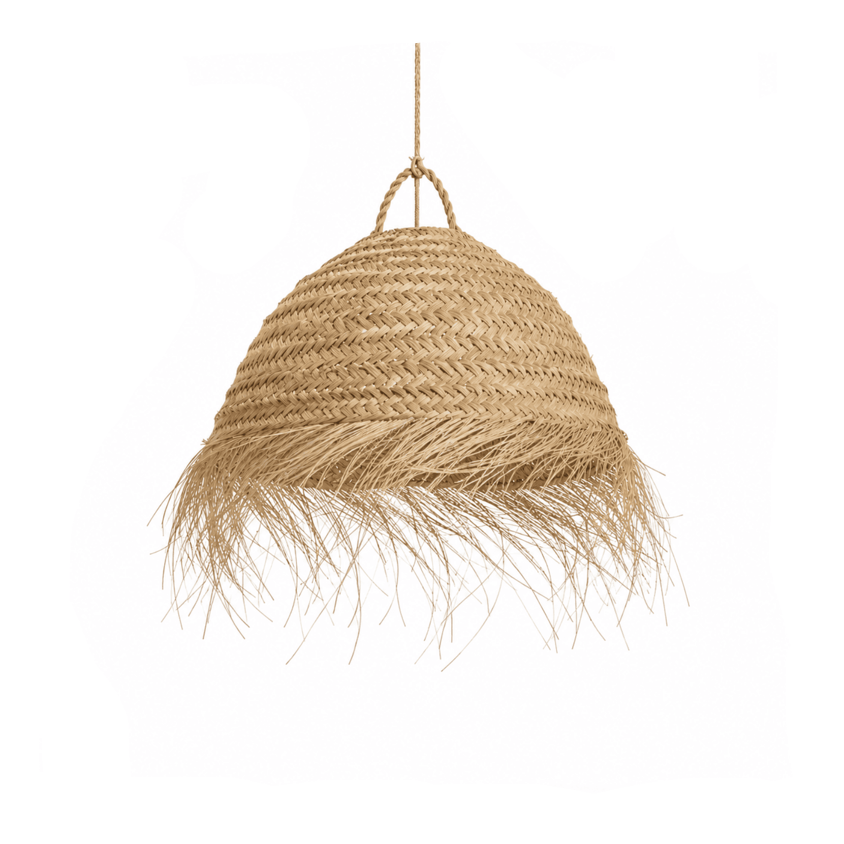 Handwoven bamboo ceiling light in modern rustic style featuring wide dome shape for living room