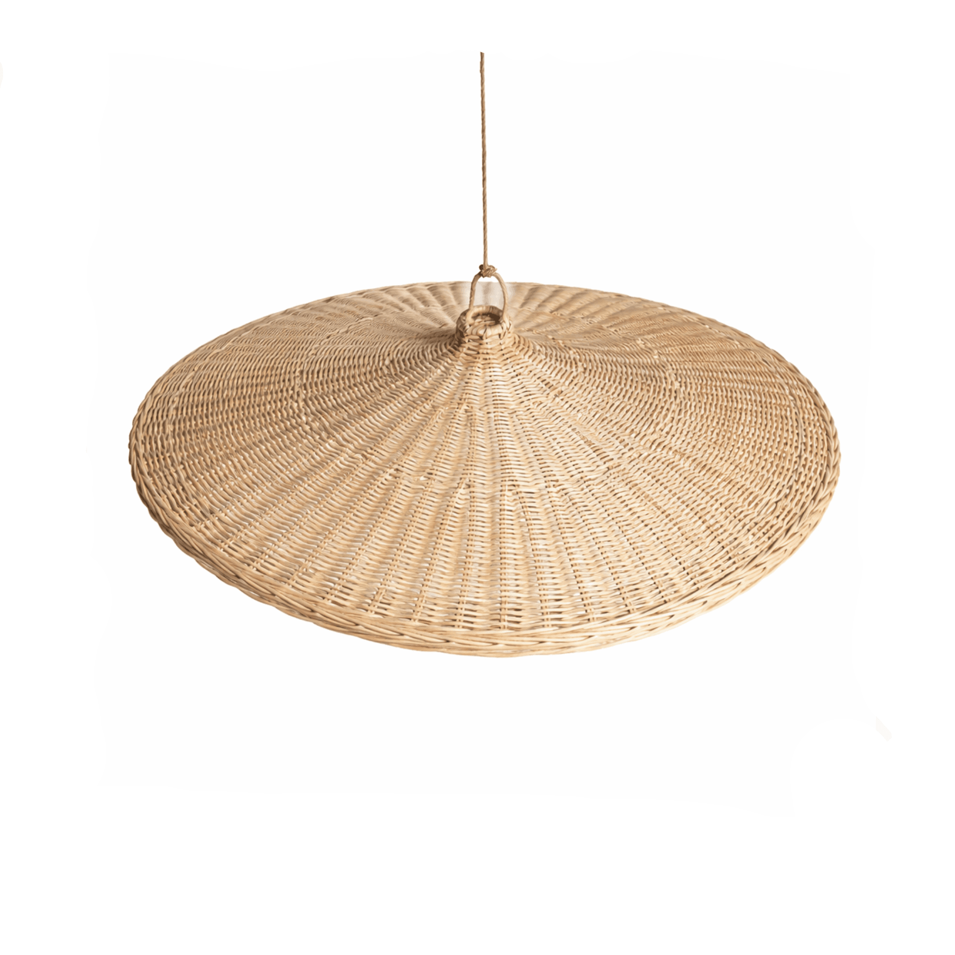 Woven ceiling lamp. Round rattan shade, warm light.