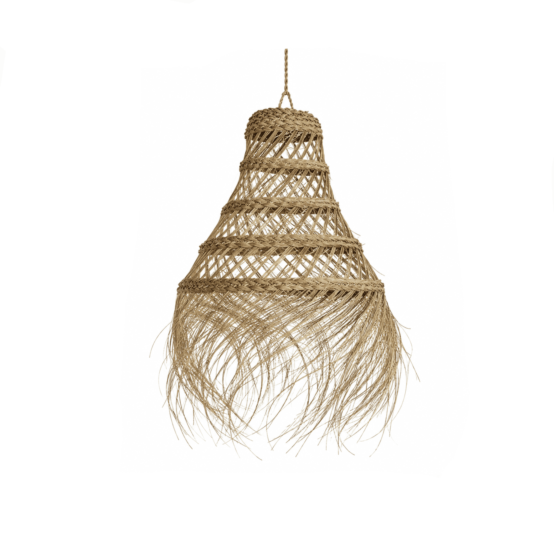 Handwoven bamboo ceiling light with organic dome shape, perfect for modern rustic interiors seeking natural elegance