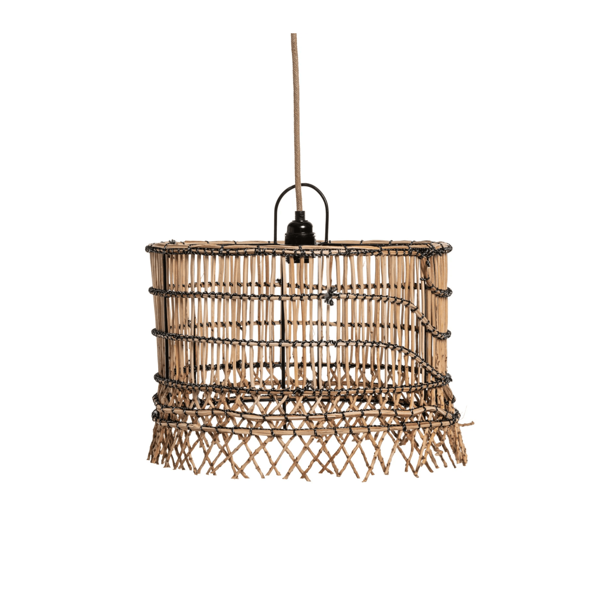 Handwoven bamboo ceiling light fixture with modern rustic style in a cozy bedroom setting