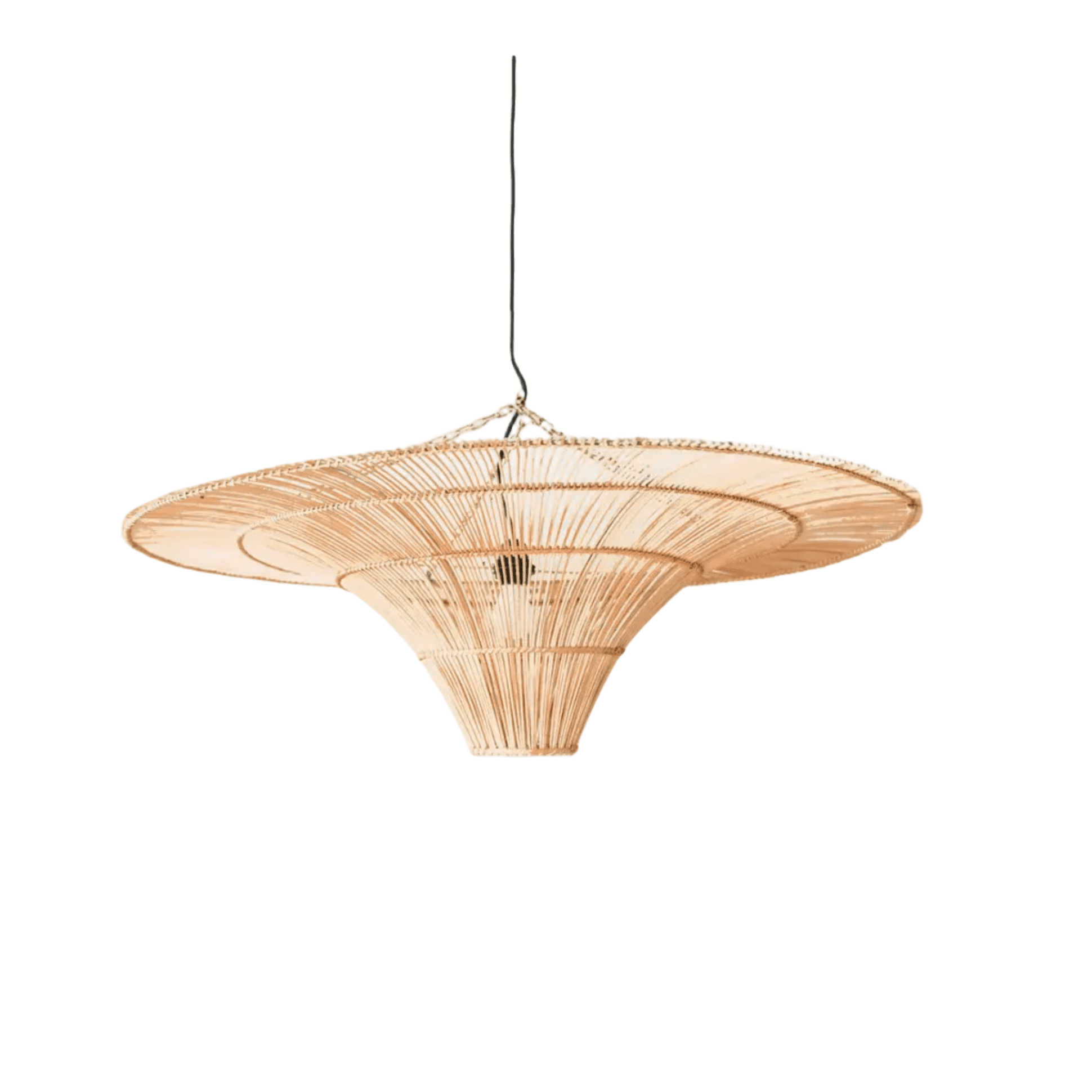 Handwoven rattan ceiling lamp with a sculptural cone shape adding natural texture to minimalist living room