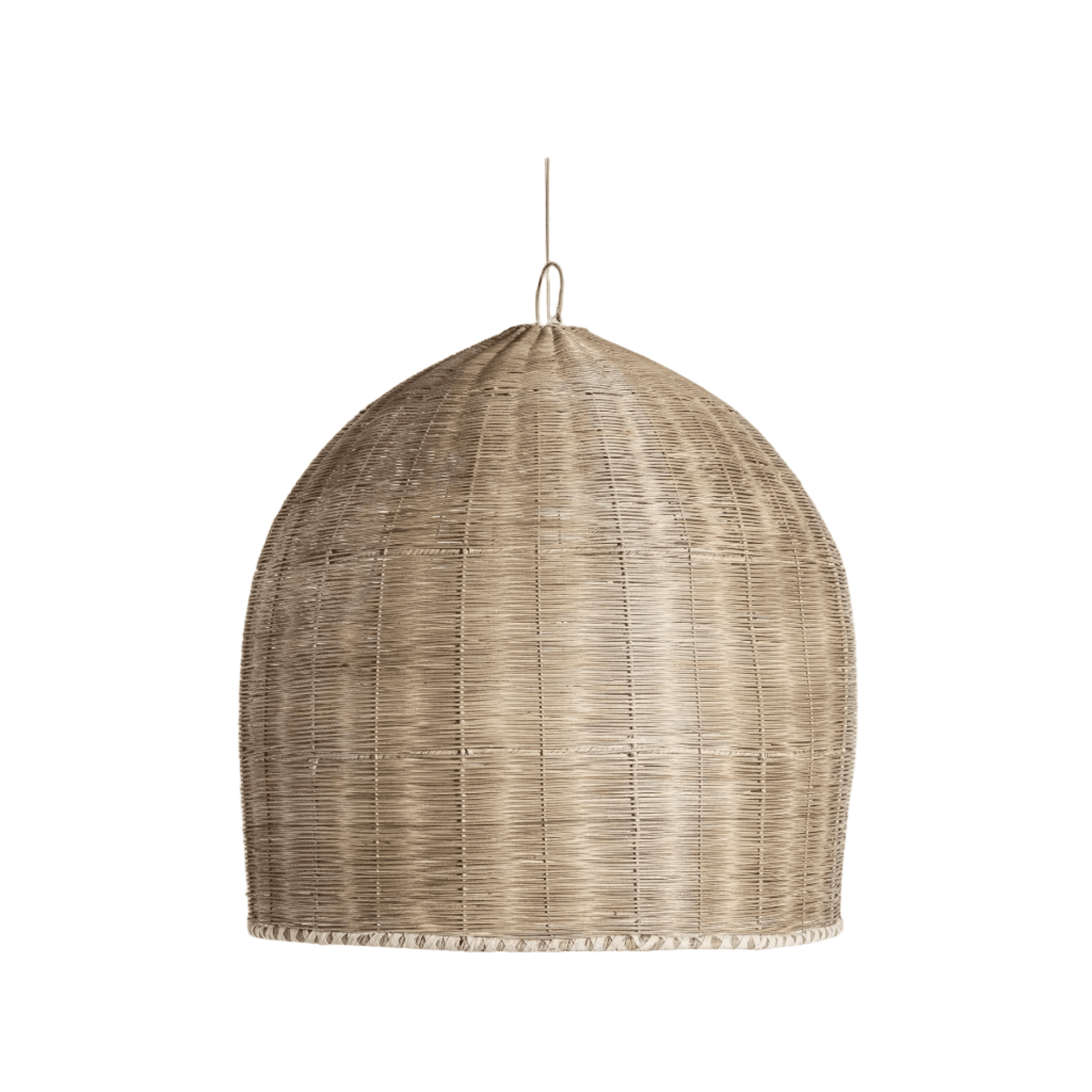 Handwoven bamboo ceiling light with open weave pattern in modern rustic style for cozy living room decor