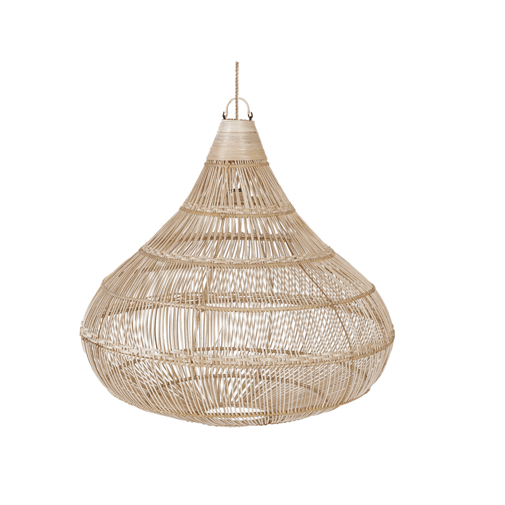 Handwoven rustic ceiling lamp made from rattan with an organic round shape for eco-friendly interior design