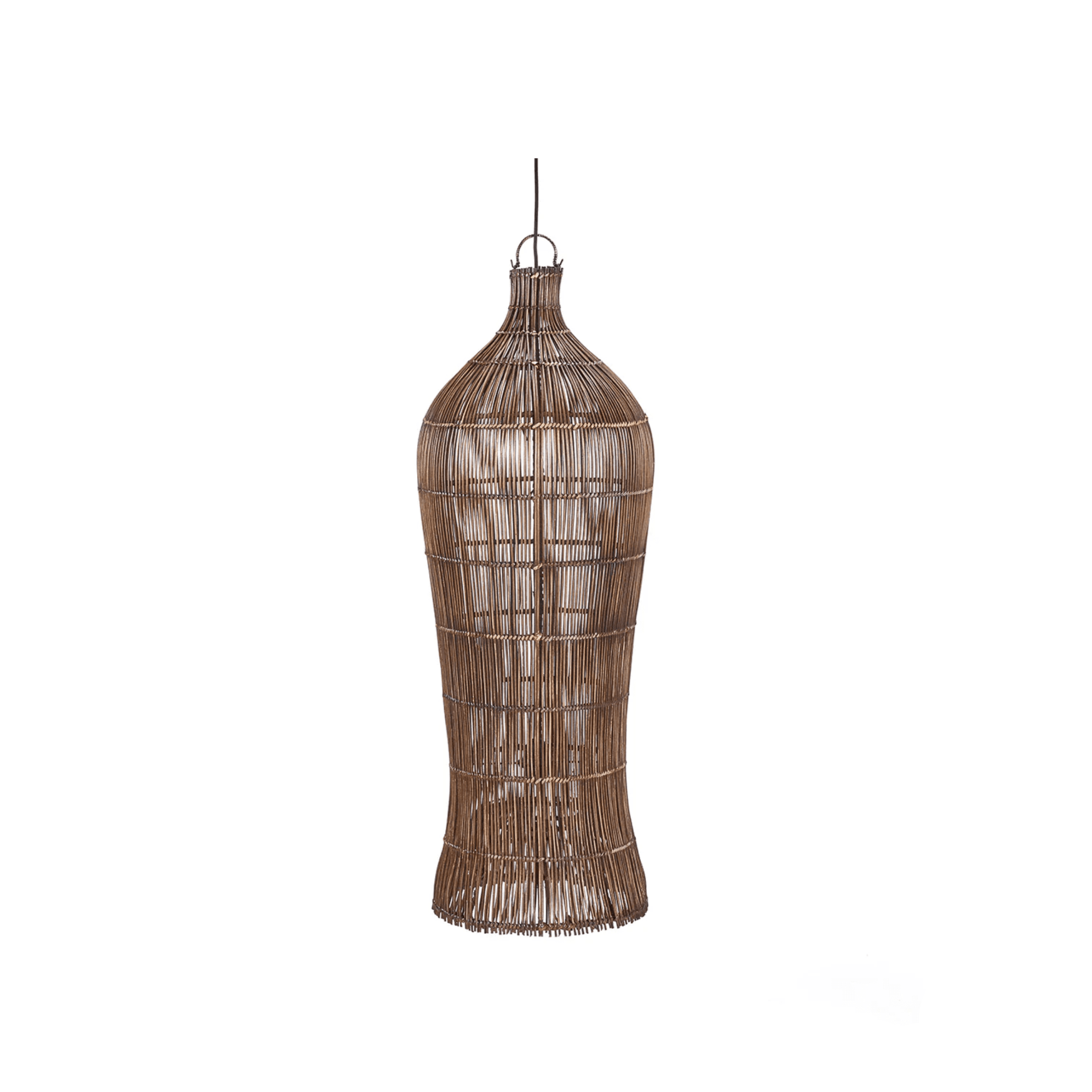 Handwoven palmleaf pendant light with organic oval silhouette, natural rattan texture, perfect for scandinavian interior