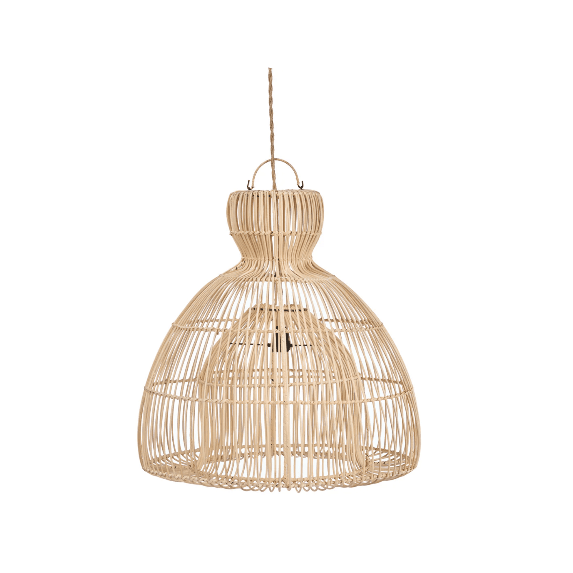Handwoven bamboo sconce with modern rustic design, casting organic shadows on a neutral accent wall in a cozy bedroom