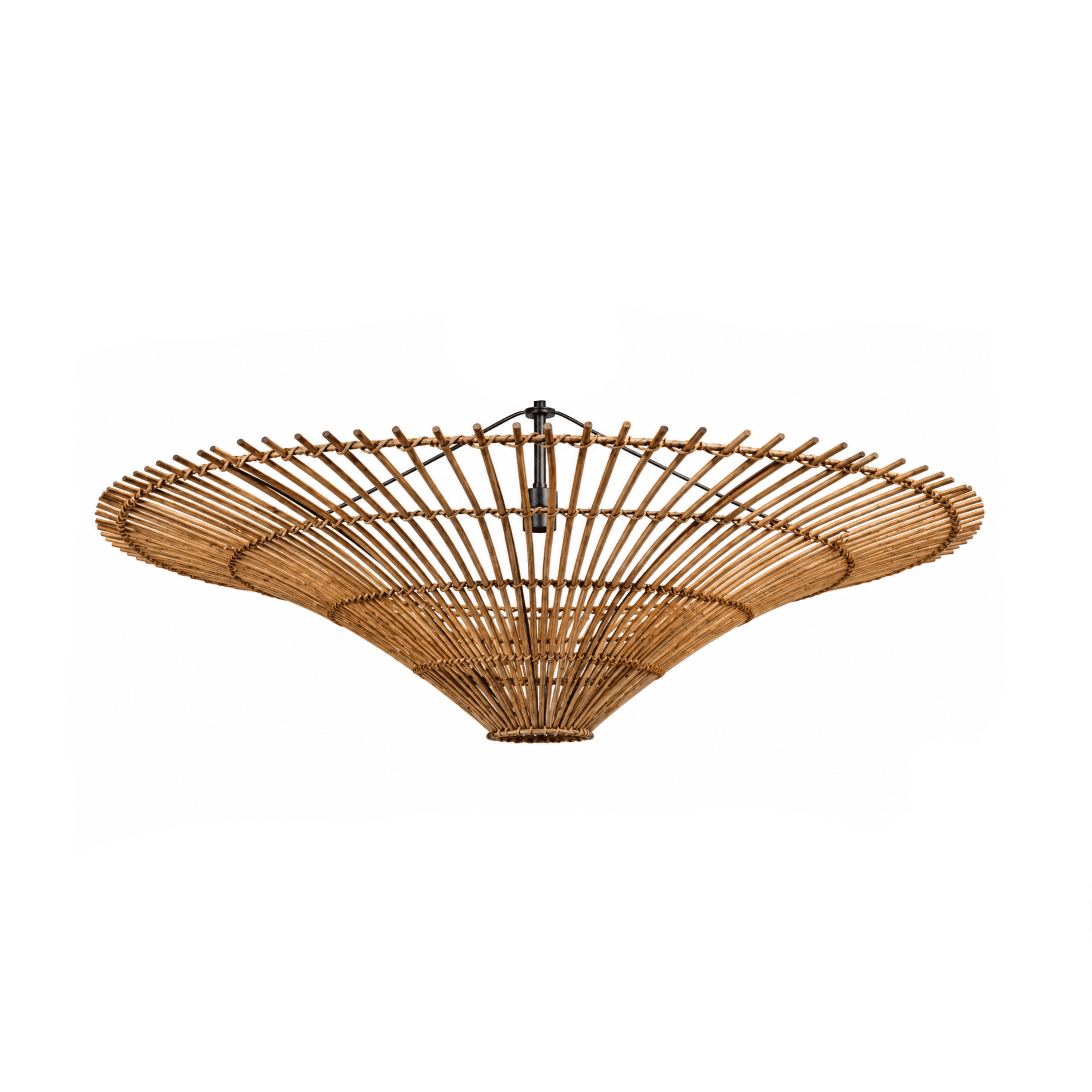 Handwoven rattan ceiling light with an organic dome shape, bringing bohemian charm to a cozy living room interior