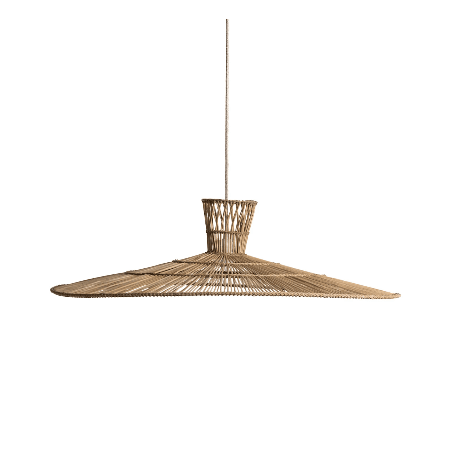 Scandinavian minimalist pendant lamp woven from natural rattan in cozy living room