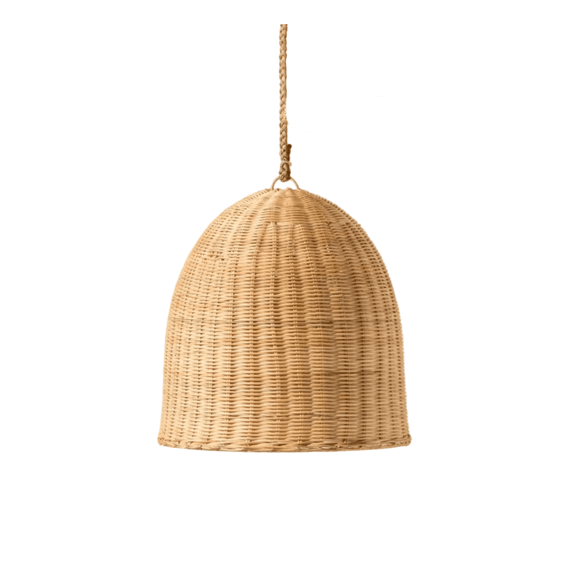 Handwoven rattan ceiling pendant with a sculptural dome shade, adding organic boho charm to a modern rustic dining room interior