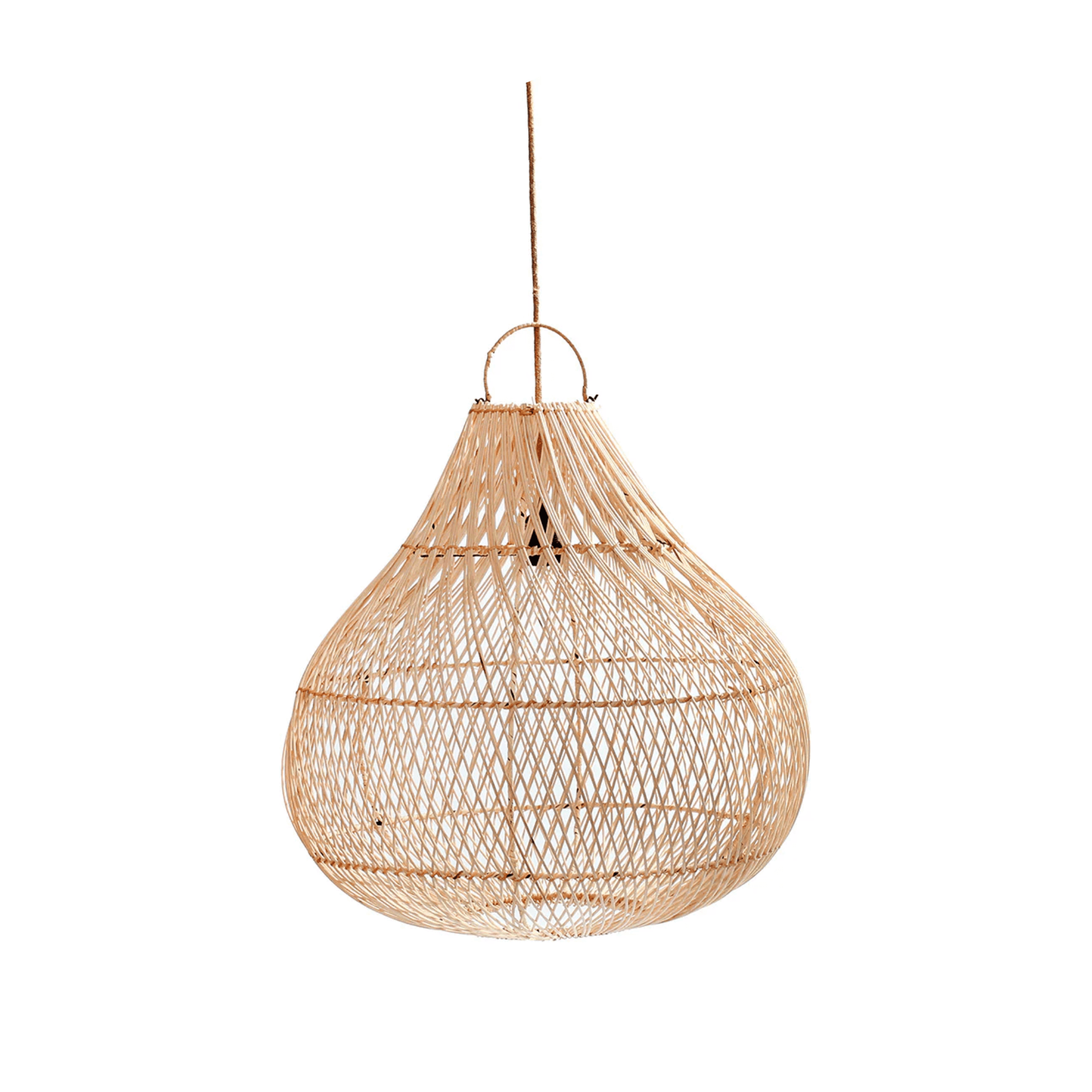 Handwoven bamboo ceiling light with a sleek conical shape, adding modern rustic charm to a minimalist dining room